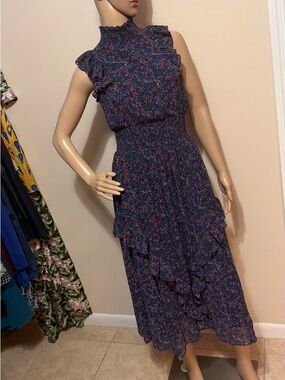Lulus Evalina Navy Blue Floral Print Mock Neck Midi Dress